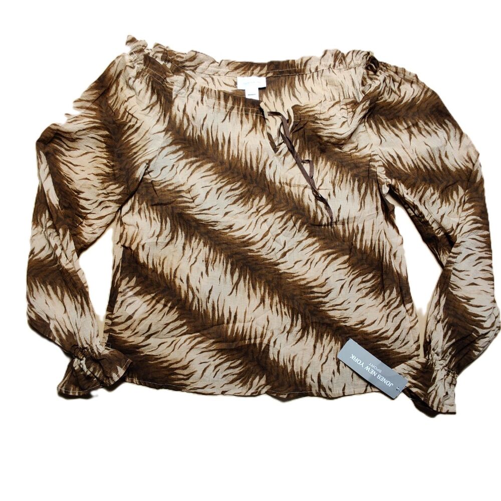 Jones New York Sport Tiger Print Cotton Blouse Women's L Brown Animal Print